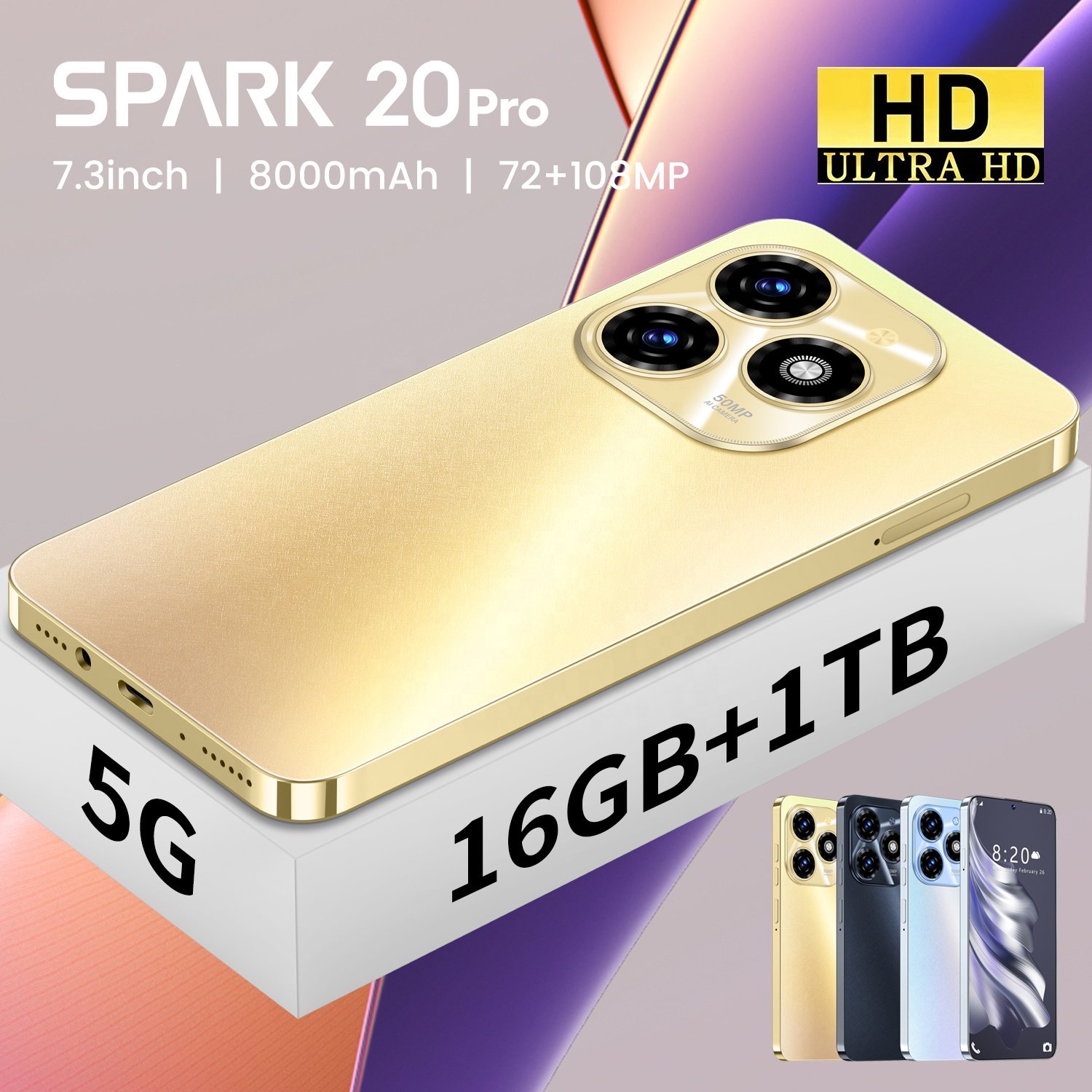 2024 New Smartphone 7.3 Inch Spark 20 Pro 16GB+1TB mobile phones Android 13 HD Camera Mobile Phone 5G Cellphone